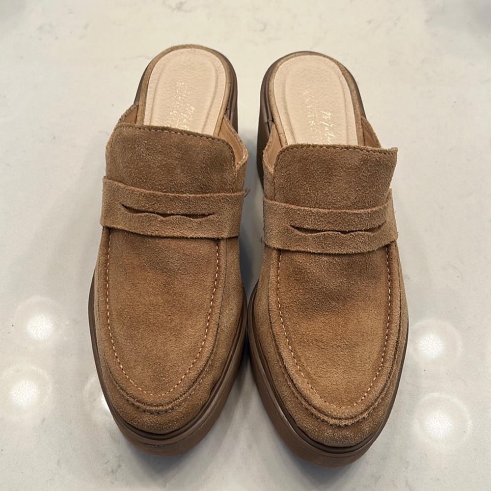 Tan suede Anthropologie platform loafers size 9.5
